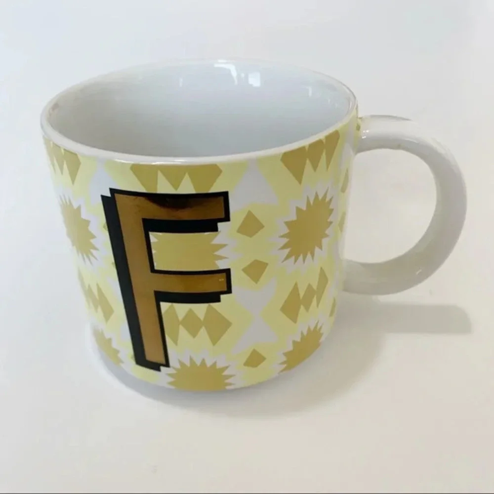 West Elm Initial Mug “F” Gold Yellow Aztec Print‎ Coffee Tea Ceramic Monogram